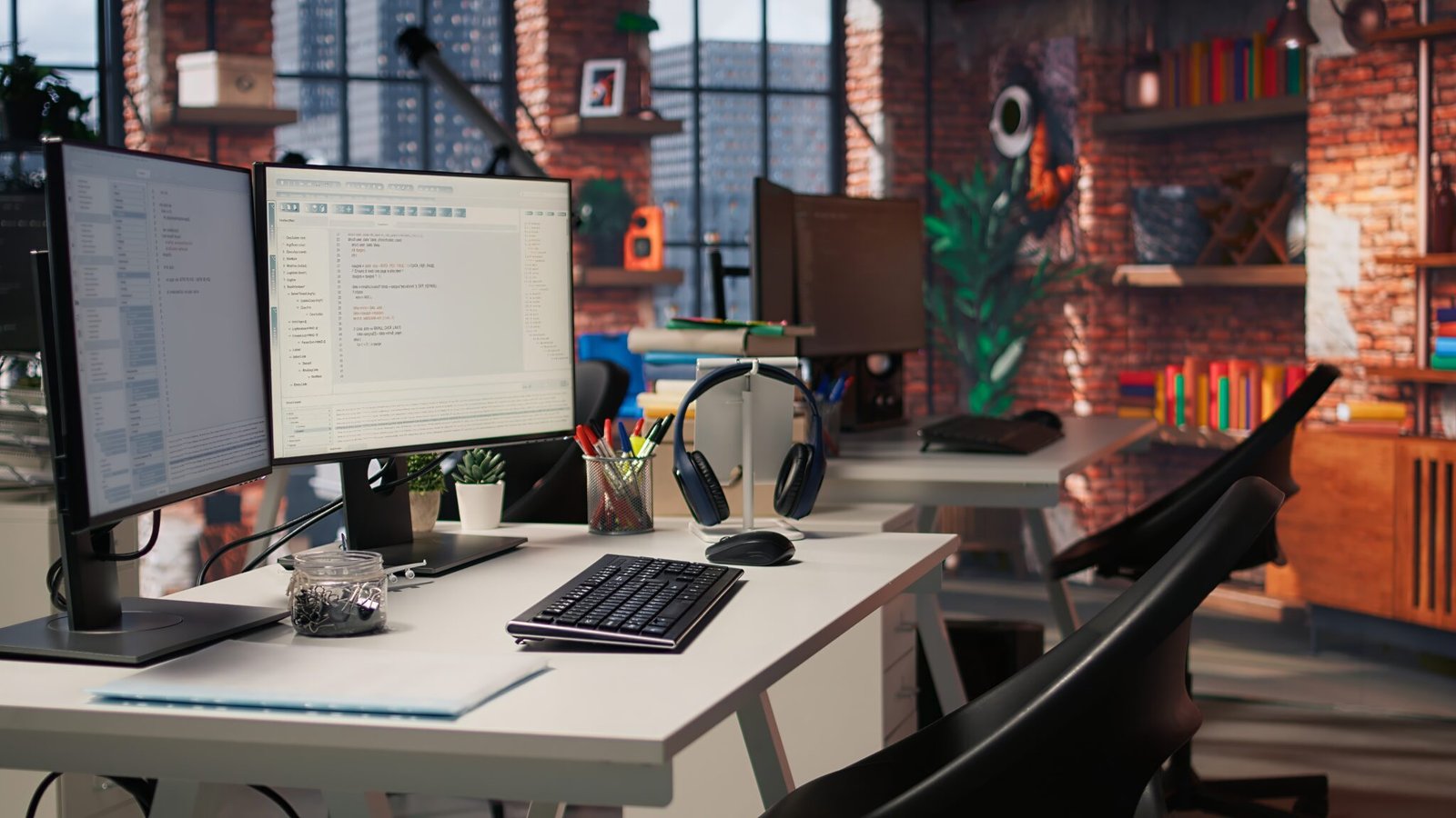 PC in startup office used to design and implement algorithms enabling machine learning. Technology unicorn venture workspace with PC used to conduct code reviews to fix bugs, jib down shot